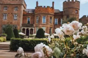 White roses in bloom in the foreground with Rowton Castle’s historic stone façade and manicured gardens softly blurred behind.