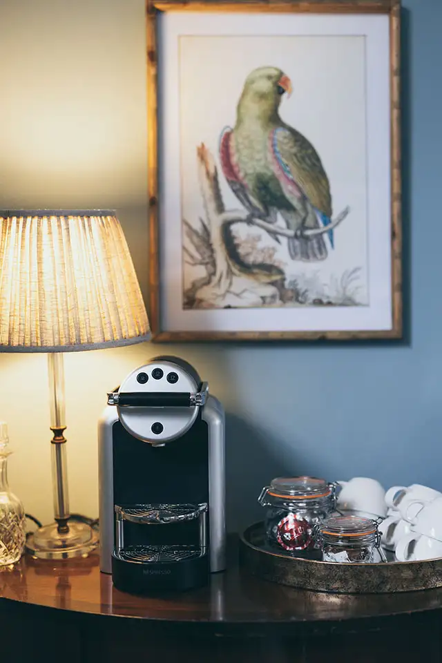 Coffee and tea station in a guest room at Rowton Castle