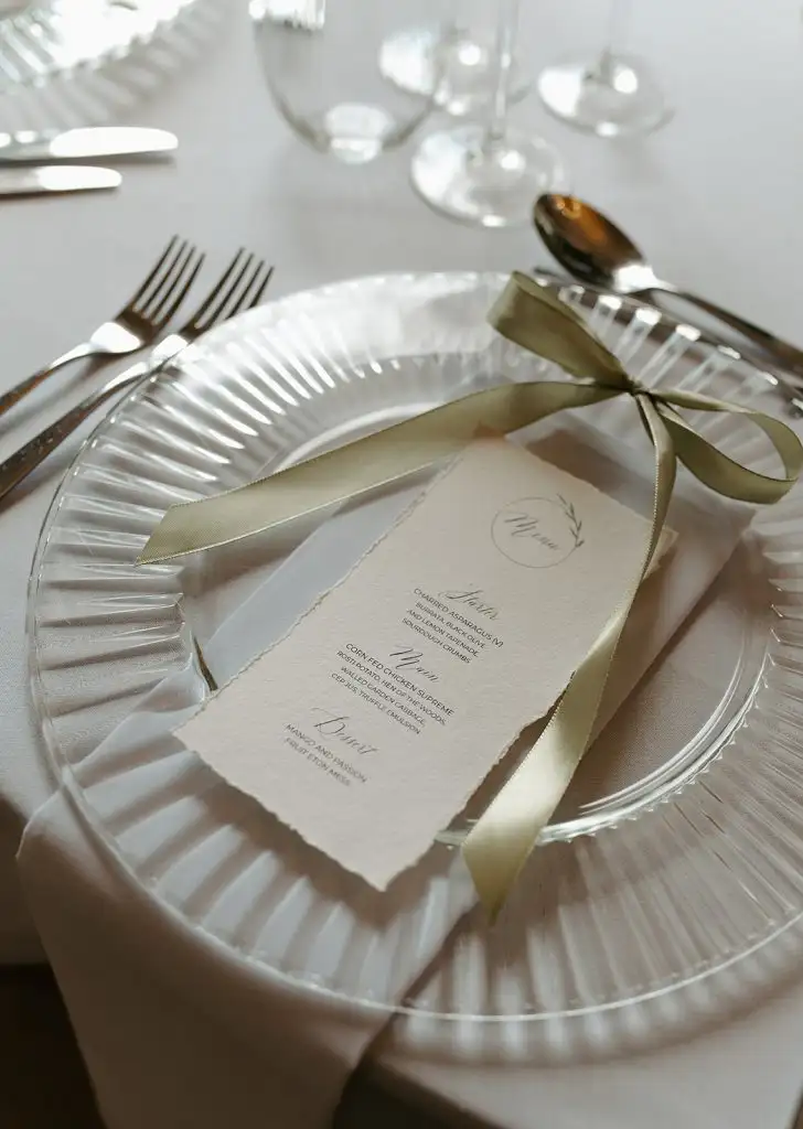 Wedding breakfast menu placed on a glass charger plate with ribbon at Rowton Castle