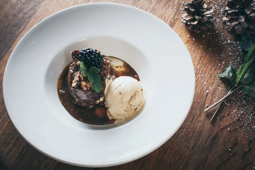 Chocolate dessert with ice cream and berries served at a Rowton Castle wedding breakfast